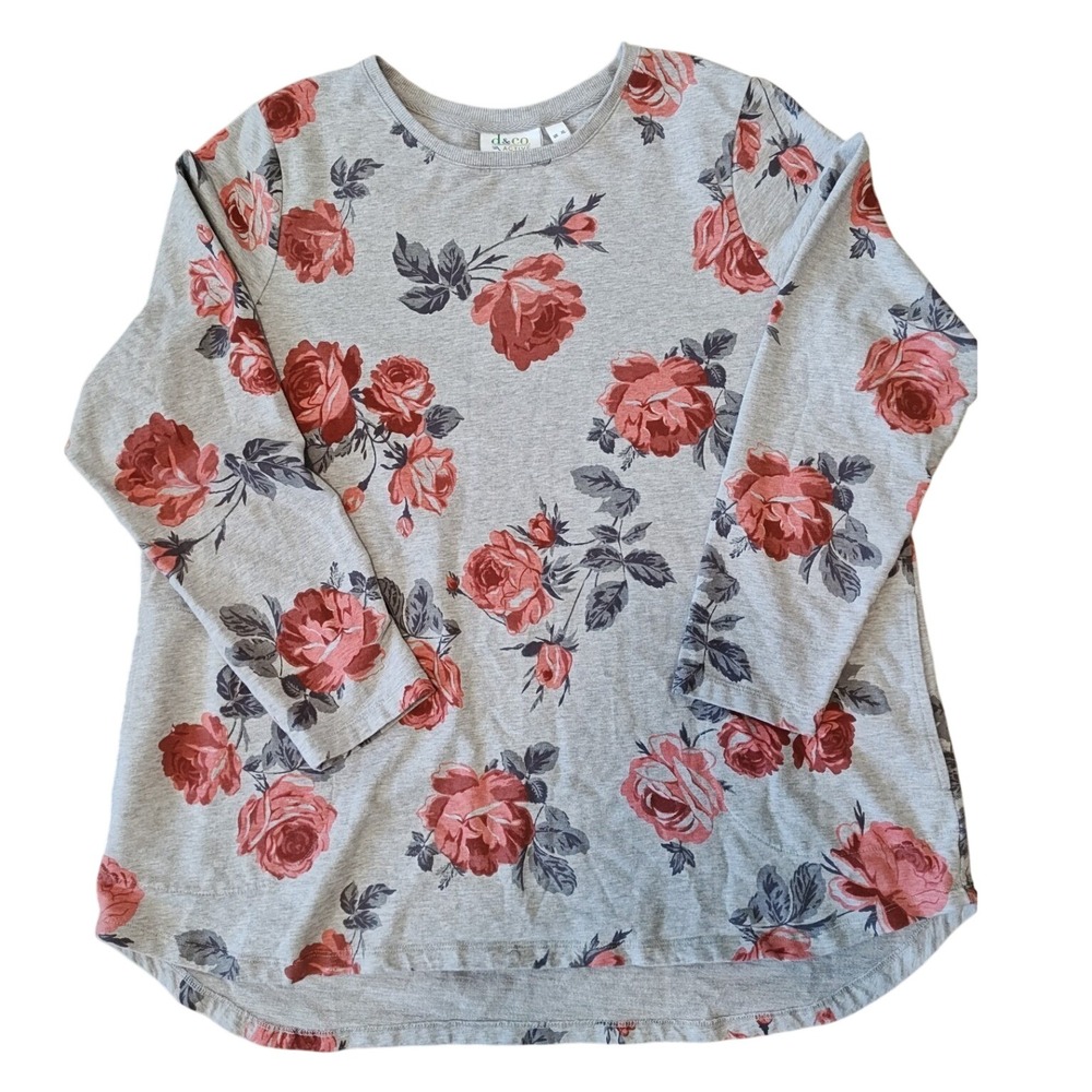 Denim & Co Active Womens XL Gray Red Rose Floral Long Sleeve Sweater Top Knit